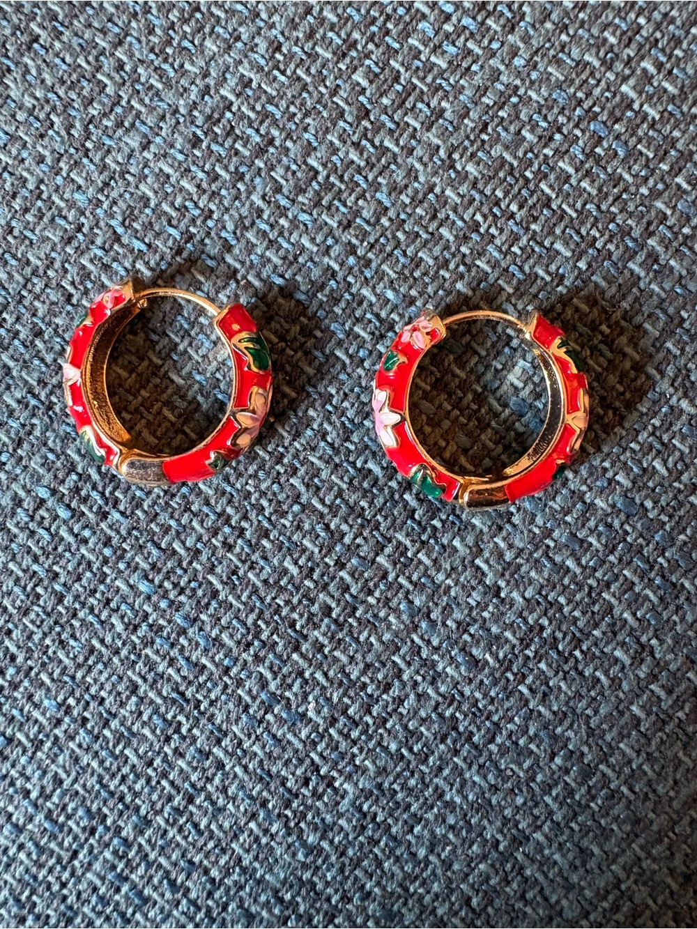 Gold-Tone Red Floral Enamel Hoop Earrings - Women Jewelry